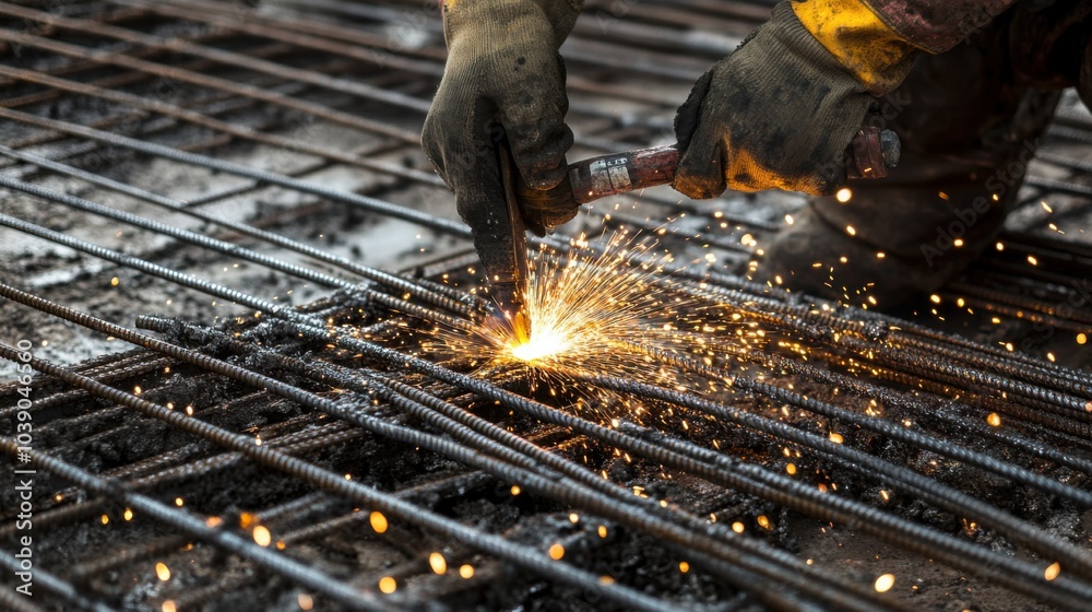 Poster a detailed close-up of construction workers welding reinforcement bars for a bridge pier under const