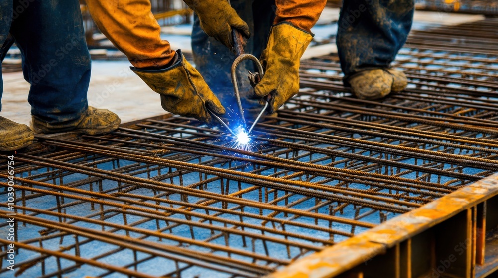 Poster a detailed close-up of construction workers welding reinforcement bars for a bridge pier under const