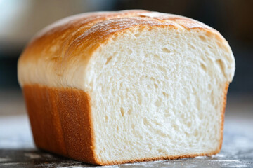 Loaf of bread on table surrounded by fresh ingredients for sandwich making. Bright natural light...