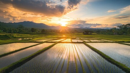 Sunset Over Lush Rice Terraces in a Mountainous Landscape
