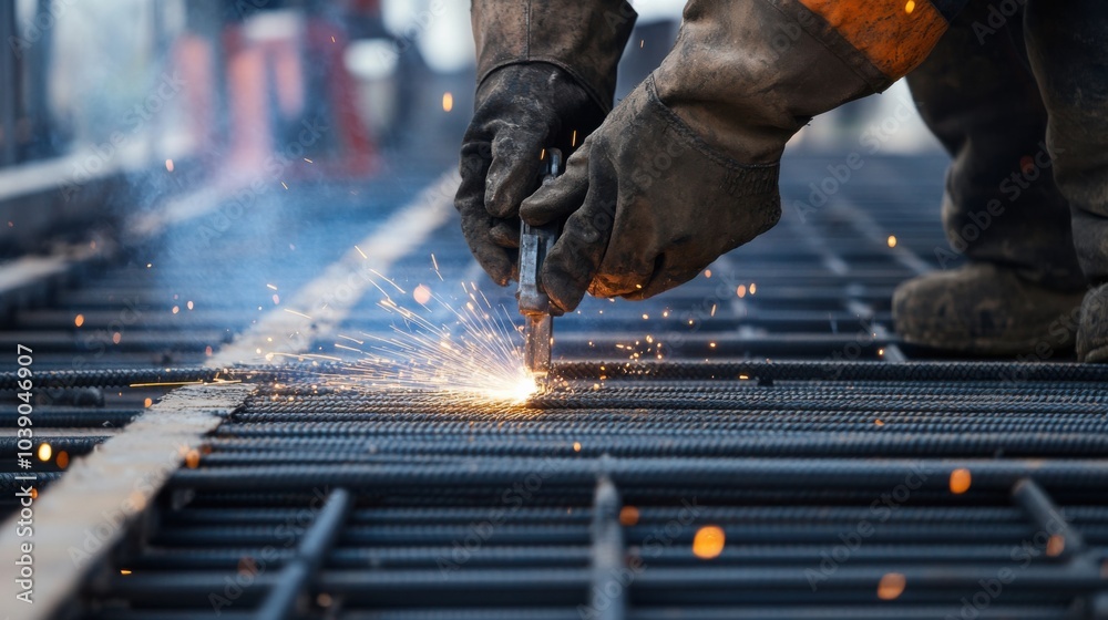 Poster a detailed close-up of construction workers welding reinforcement bars for a stadium seating structu