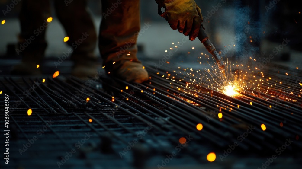 Poster a detailed close-up of construction workers welding reinforcement bars for a stadium seating structu