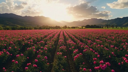 Fototapeta premium A vast field of pink roses with mountain backdrop at sunset