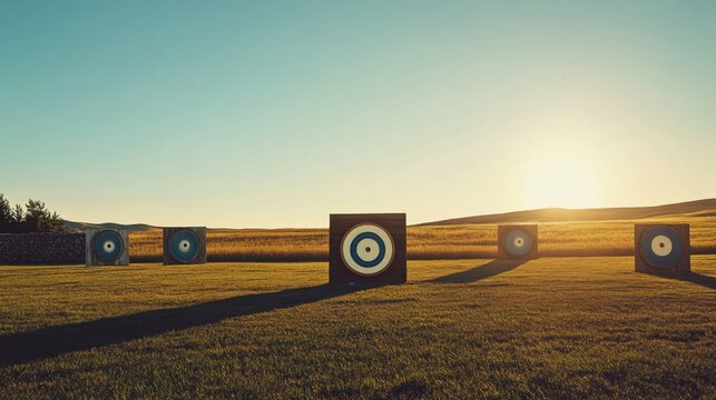 A tranquil outdoor archery range with a well-maintained shooting area and neatly arranged targets, surrounded by open fields and a bright sky, early morning light creating a serene atmosphere