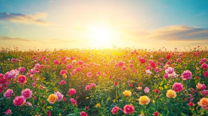 A Field of Pink and Yellow Roses at Sunset