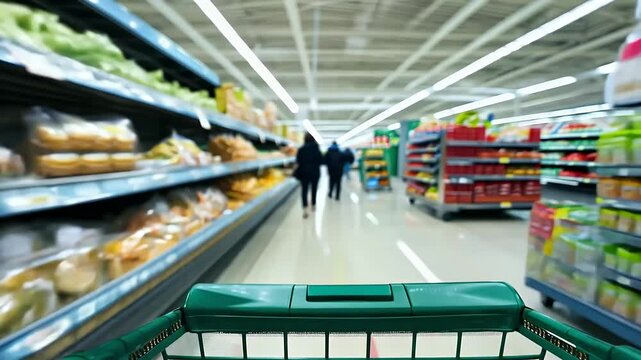 A Time Lapse Shopping Cart Navigating Supermarket Showcases Various ems Convenience Foods Ideal Commercial Use Hyperlapse Format siam streetcar view check choosing closeup empty list man variety
