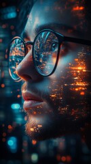 Person wearing glasses looks thoughtful, with a cityscape reflected in the lenses, blending technology and human emotion vividly