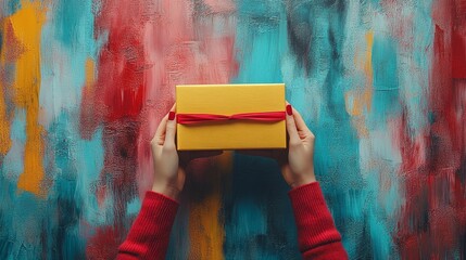 Person wearing a red sweater holds a yellow gift box with a red ribbon against a colorful abstract background