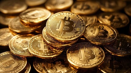 Pile of shiny golden coins with the Bitcoin logo, symbolizing cryptocurrency and digital currency concepts