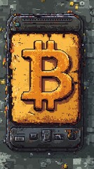 Pixel art-style mobile device displaying a large orange Bitcoin logo on a weathered dark surface