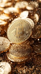 Pile of shiny, gold-colored physical Bitcoins with intricate designs, surrounded by sparkling dust particles