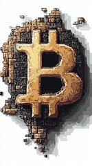 Pixel art style Bitcoin symbol in gold, embedded in a crumbling, pixelated stone wall background