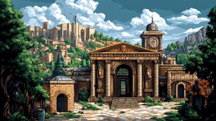 Pixel art scene showing a detailed stone building with arches, a clock tower, surrounded by trees, against mountainous backdrop