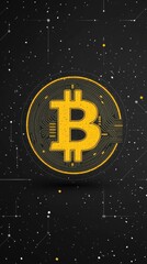 Prominent yellow Bitcoin symbol against a dark background with white and yellow particles scattered around