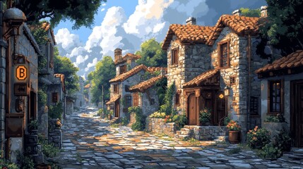Quaint cobblestone street lined with charming stone cottages, lush greenery, and a clear blue sky with fluffy clouds above
