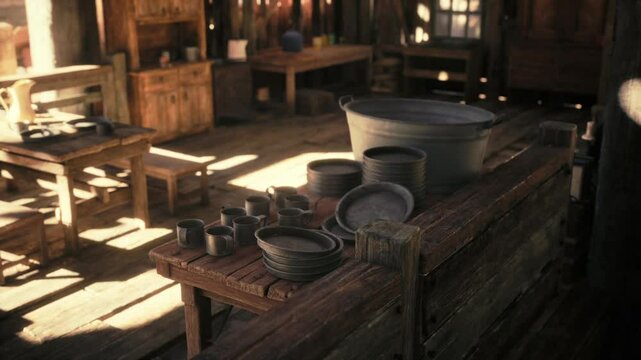 A cozy kitchen space filled with handmade pottery on a rustic wooden table. The warm light enhances the traditional feel of the wooden interior and various ceramic items scattered around.