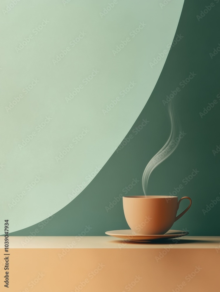 Poster A steaming cup of tea rests on a table, with fragrant steam spiraling upward in a serene and stylish room. Generative AI