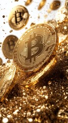 Showcases numerous golden Bitcoin coins surrounded by sparkling particles, creating a dynamic and luxurious financial impression