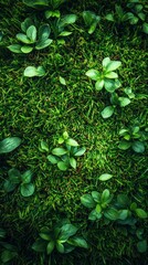 Shows vibrant green grass with small clusters of leafy plants scattered across, creating a lush and textured appearance