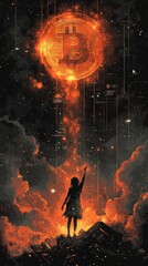 Silhouetted figure reaches towards a glowing Bitcoin symbol in a dramatic, fiery sky, surrounded by abstract technological elements