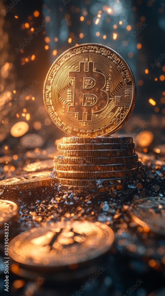 Poster stack of golden bitcoin coins is surrounded by shimmering particles, illuminated by warm light in a 