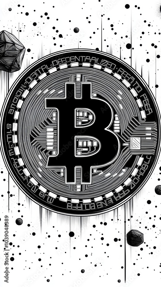Fototapete stylized black-and-white bitcoin symbol surrounded by digital circuit patterns, with geometric shape