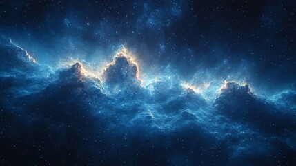 Obraz premium Stunning cosmic scene with glowing clouds and twinkling stars in a deep blue celestial landscape
