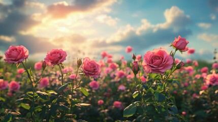 Pink Roses Blooming in a Garden at Sunset