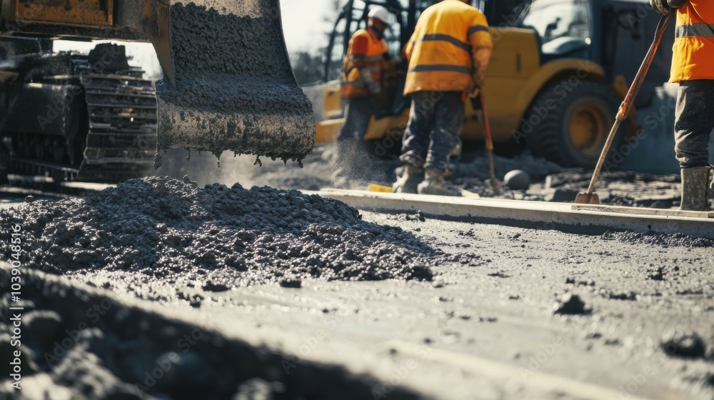 Poster a detailed image of a concrete pouring operation at a highway construction site with workers and hea