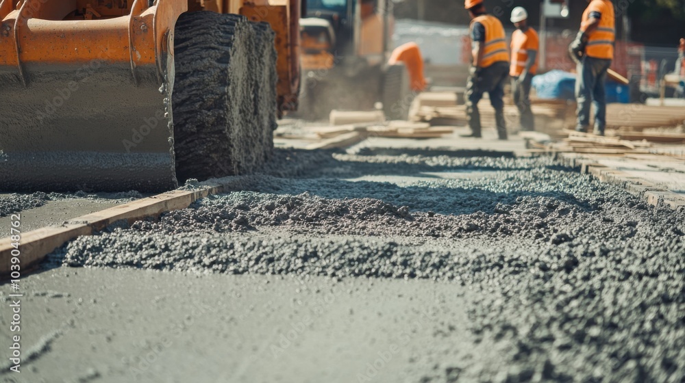Poster a detailed image of a concrete pouring operation at a highway construction site with workers and hea