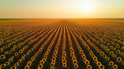 Aerial View of a Sunlit Sunflower Field at Sunset