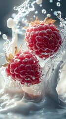 Two raspberries are splashed in mid-air with swirling milk, creating a dynamic and refreshing...