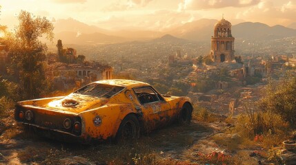Weathered yellow sports car overlooks a sunlit ancient cityscape with mountains and a prominent domed structure in the distance