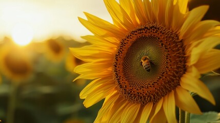 Obraz premium A Honeybee Gathering Pollen on a Sunlit Sunflower