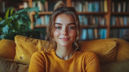 Obraz premium Woman with a warm smile sitting on a yellow couch, with a bookshelf in the background