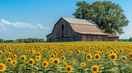 Rustic Wooden Barn Standing Tall in a Field of Vibrant Sunflowers