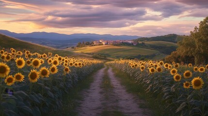 Sunflowers Leading to a Village in a Rolling Hill Landscape at Sunset