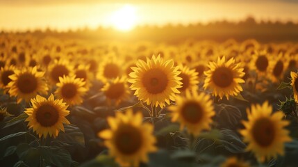 Obraz premium A Field of Sunflowers Basking in the Golden Sunset Glow