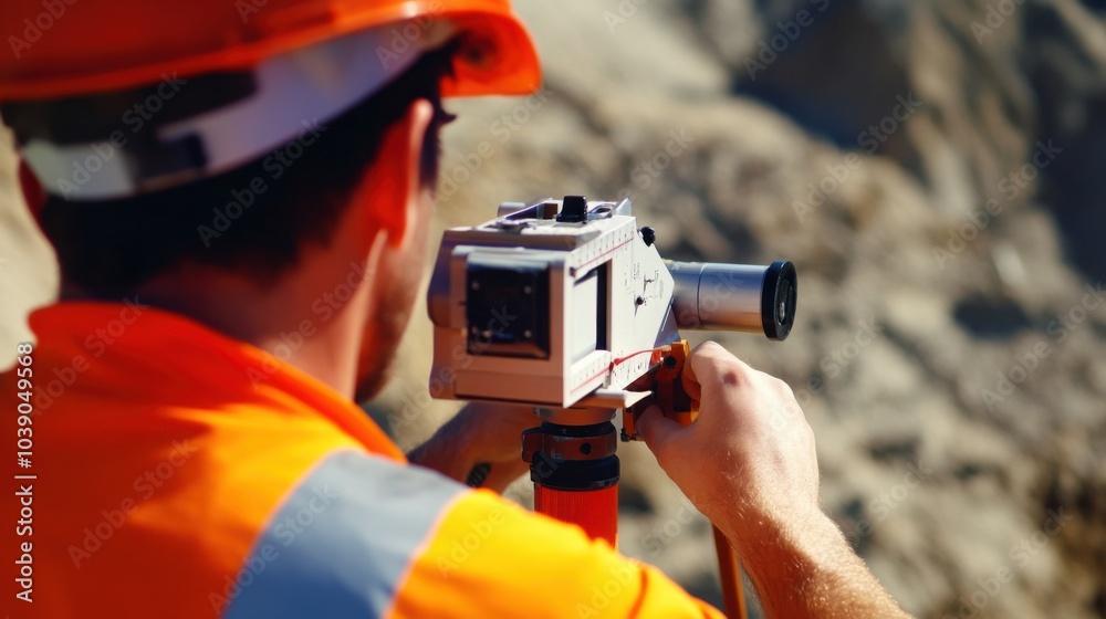 Aufkleber A detailed image of a surveyor using a theodolite to measure angles and levels at a construction site, Surveying scene, Precision engineering style
