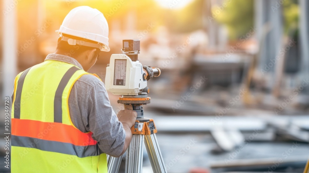 Aufkleber A detailed image of a surveyor using a theodolite to measure angles and levels at a construction site, Surveying scene, Precision engineering style