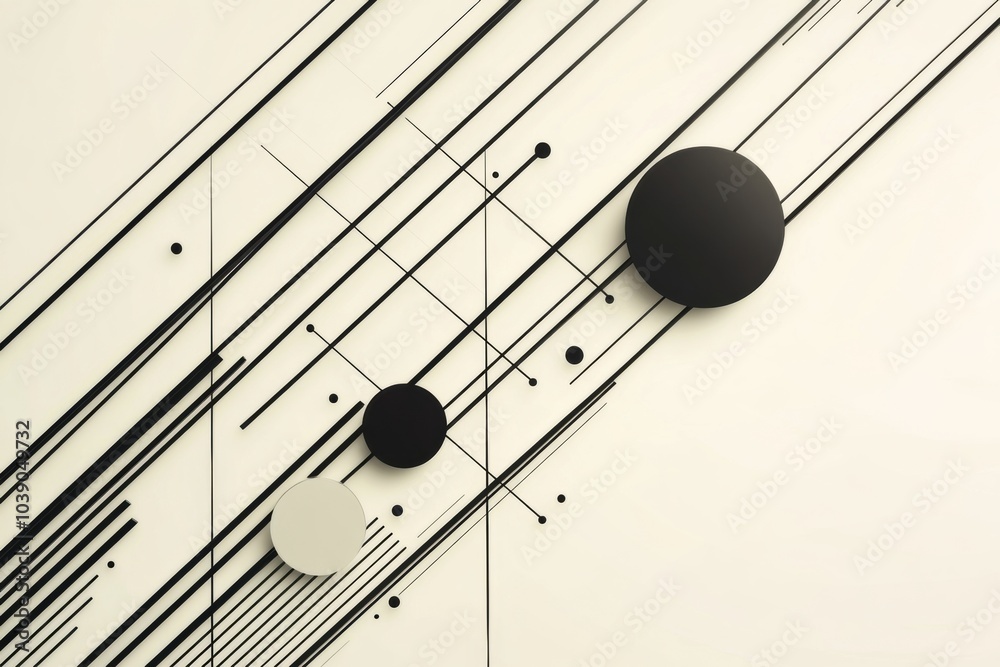 Fototapete Black diagonal lines intersect with varying sized circles on a light background, emphasizing minimalist design and modern aesthetics. Generative AI
