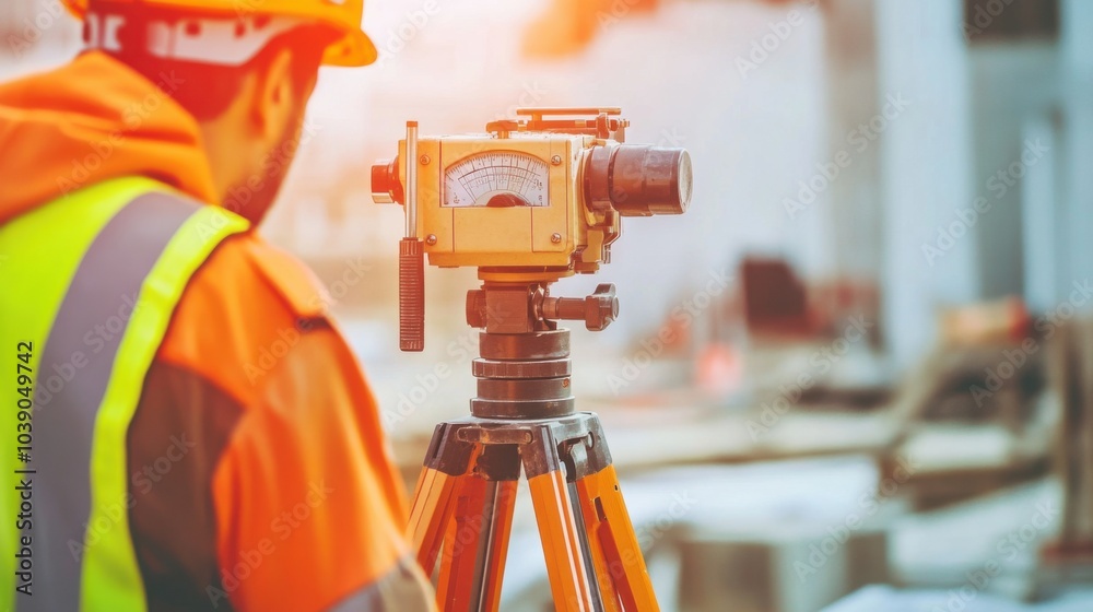 Aufkleber a detailed image of a surveyor using a theodolite to measure angles and levels at a construction sit