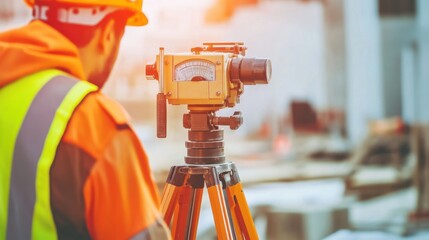 Fototapeta premium A detailed image of a surveyor using a theodolite to measure angles and levels at a construction site, Surveying scene, Precision engineering style