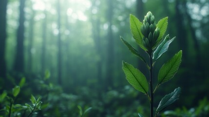 Naklejka premium A Single Plant Growing in a Misty Forest