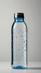 Plastic water bottle with water drops on a white background, studio shot