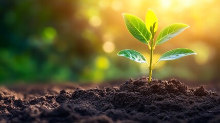 Fototapeta premium A Young Plant Sprouting from the Soil in Sunlight