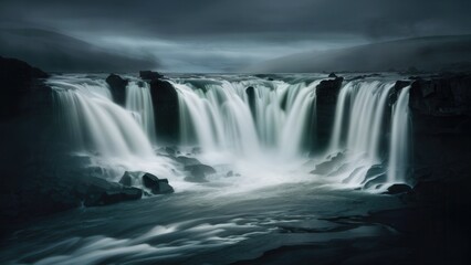 Dramatic waterfall flowing into a calm river, overcast sky and rugged cliff