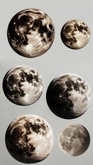 Three phases of the moon on a gray background. 3d rendering