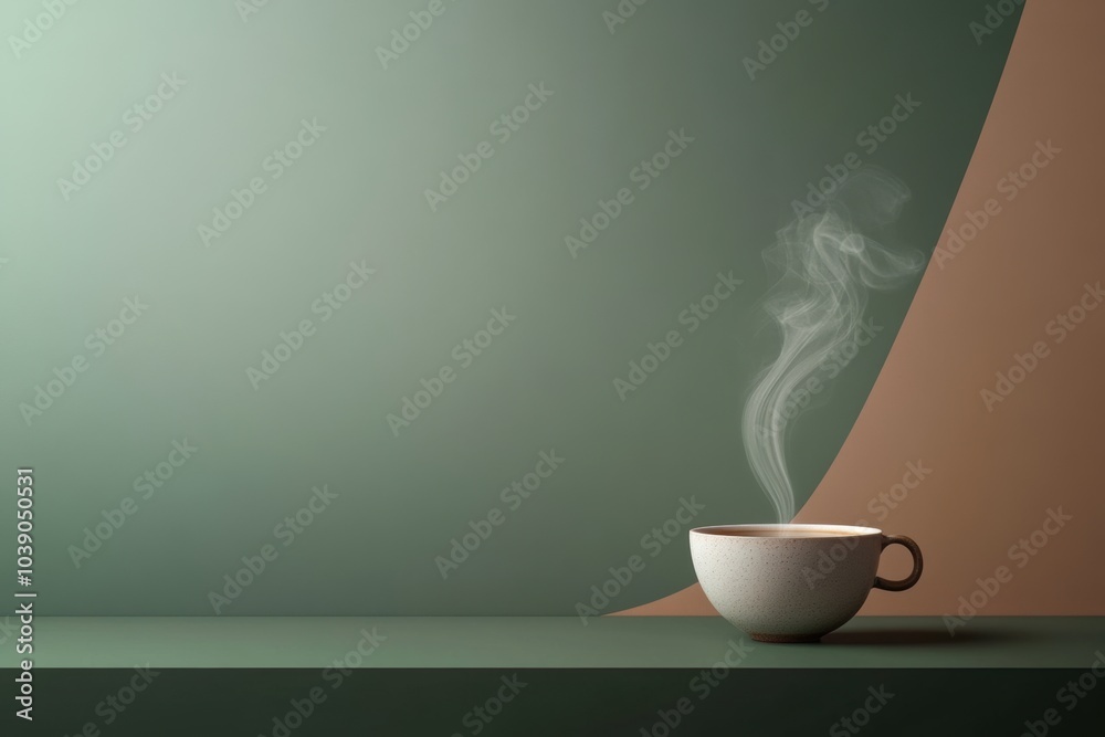 Poster The steaming tea cup emits smooth curls of vapor, creating a warm ambiance in a serene, minimal setting with gentle colors. Generative AI