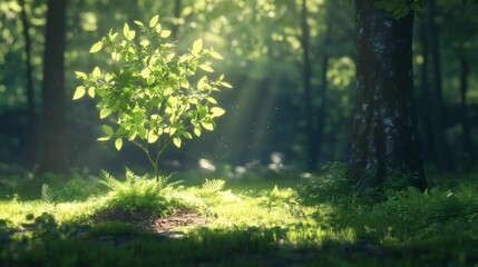 A Young Sapling Basking in Sunlight Within a Lush Forest